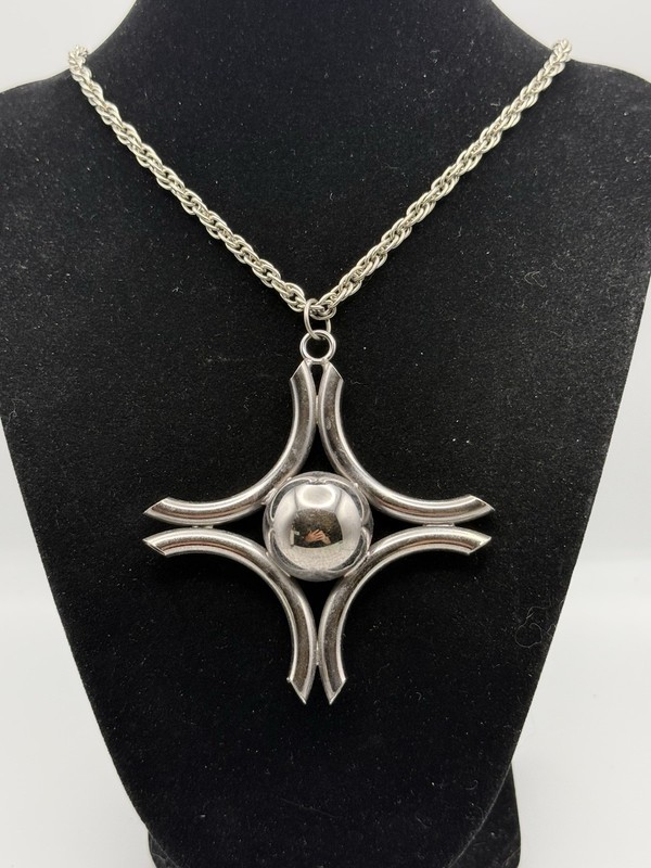 Vintage Modernist Silver Tone Large Pendant Necklace Statement Geometric 24”