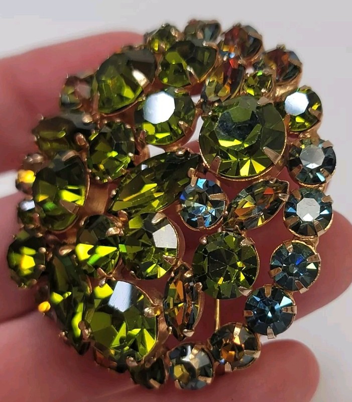Vintage Olivine Green Blue Vitrail Round Marquis Rhinestone Round Layered Brooch gallery