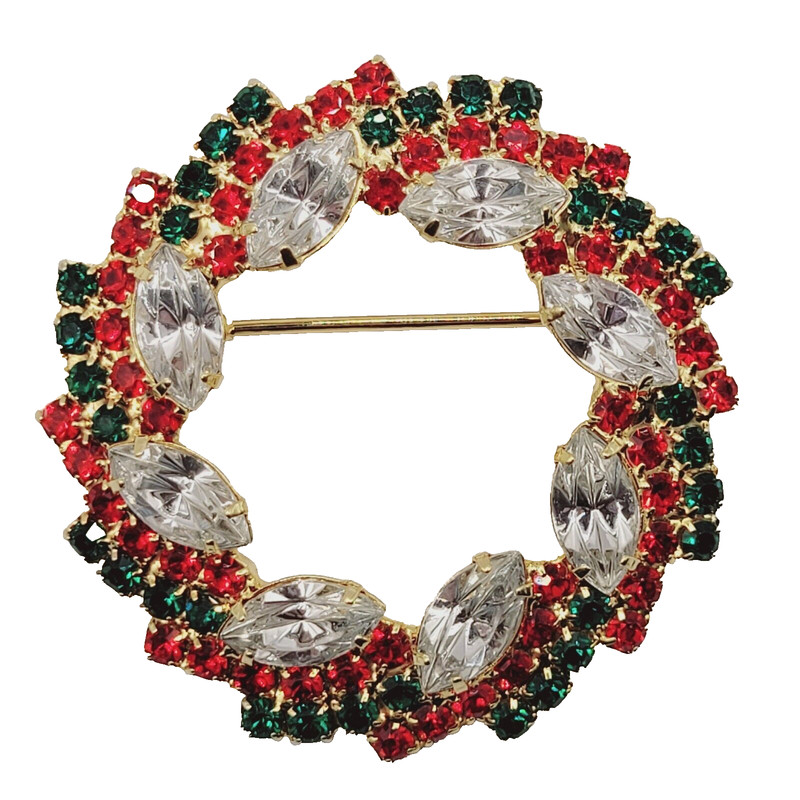 Christmas Wreath with Sparkling Rhinestones Clear Red Green Gold Tone Brooch Pin gallery