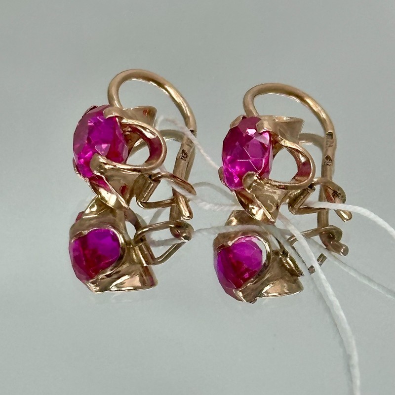 Vintage Original USSR 583 14K Solid Rose Gold Earrings with Lab Ruby, 3.01g gallery
