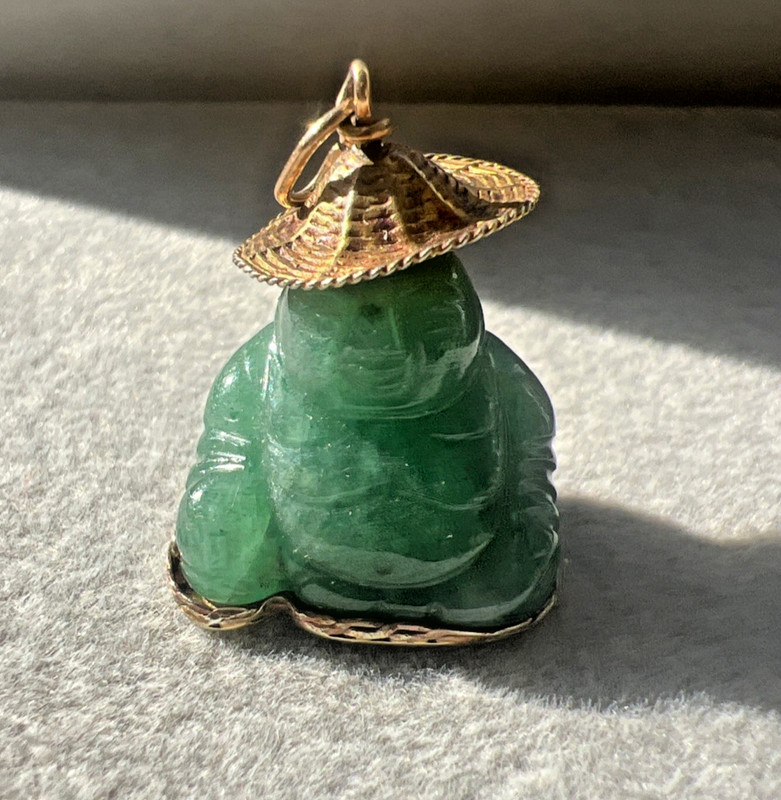 Vintage Carved Jade Buddha 10K Yellow Gold Charm Pendant *Read Description*