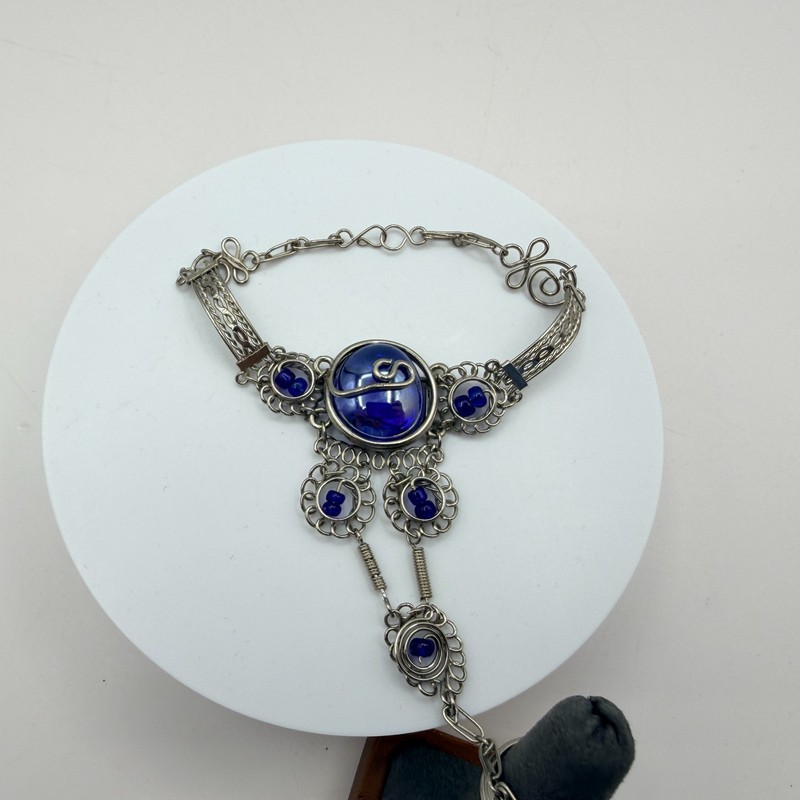 Vintage Silver Tone Slave Bracelet Ring Set Blue Cabochon Stone Boho Filigree gallery