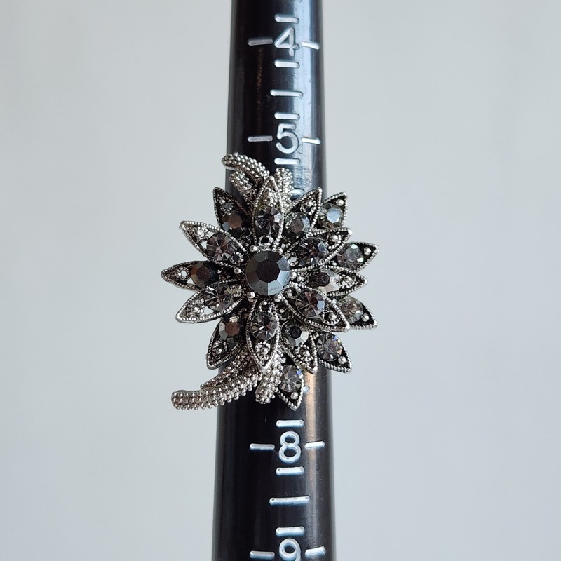 Adjustable Silver Tone Floral Rhinestone Statement Ring Smoky Crystal gallery