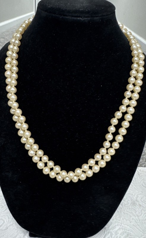 Vintage Hand Knotted Double Strand 24”Faux Pearls &Diamond Pearl Clasp 140 Grams