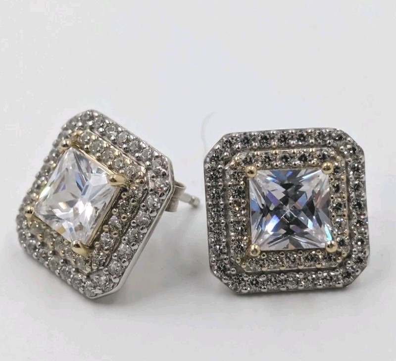 Vtg JCL Sterling Silver 925 White/Clear Pave Cz Square Stud Earrings