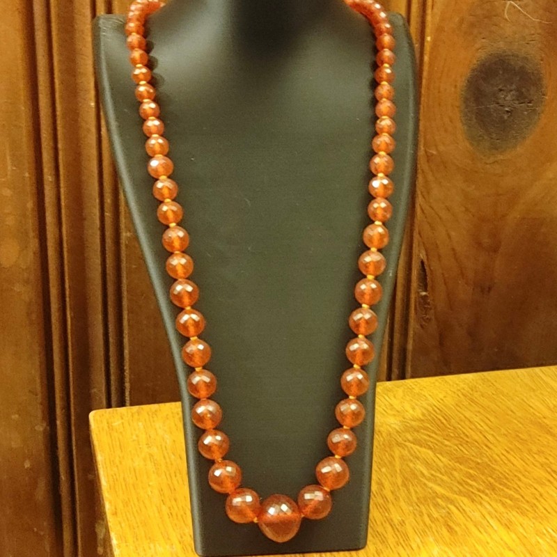 Long Amber Faceted Beaded Necklace UV Glow Round Graduated Toggle Clasp 32 Inch