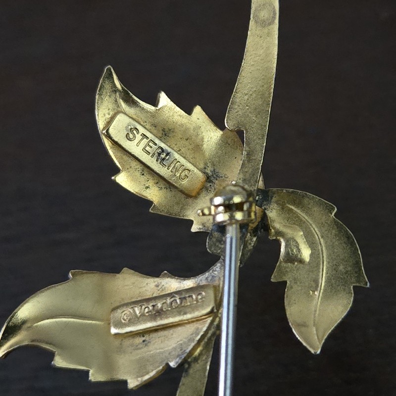 VTG Signed Vendome Sterling Silver Gold Vermeil Rose Brooch Pin Ruby gallery