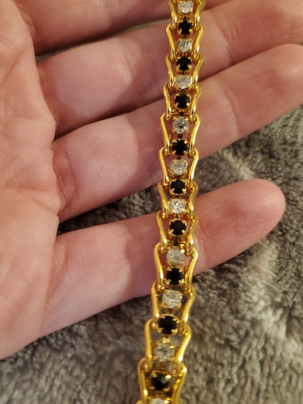 Vintage 1990s Black White Gold Rhinestone Tennis Bracelet