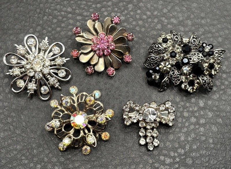 Vintage Rhinestone Brooch Lot Of 5 Floral Flower Bow Pin AB Aurora Borealis gallery
