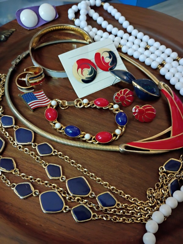 Patriotic VTG Grandmas Jewelry Lot Enamel Red White Blue Necklace-Brclts-Earrngs gallery
