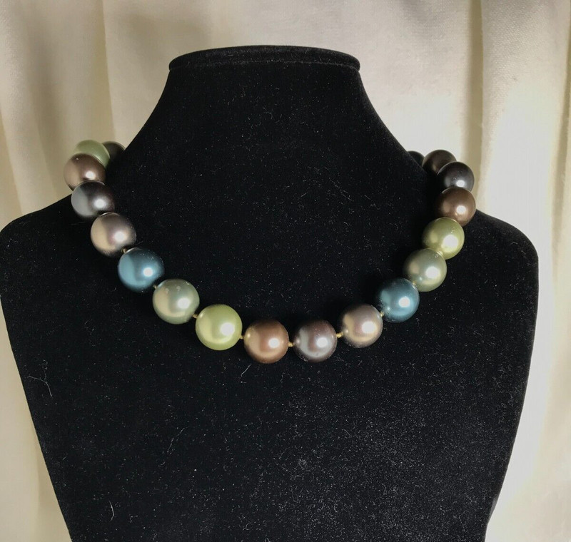 Large Faux Pearl Necklace with Dark Rich Colors & Sterling Clasp – Vintage – 16″
