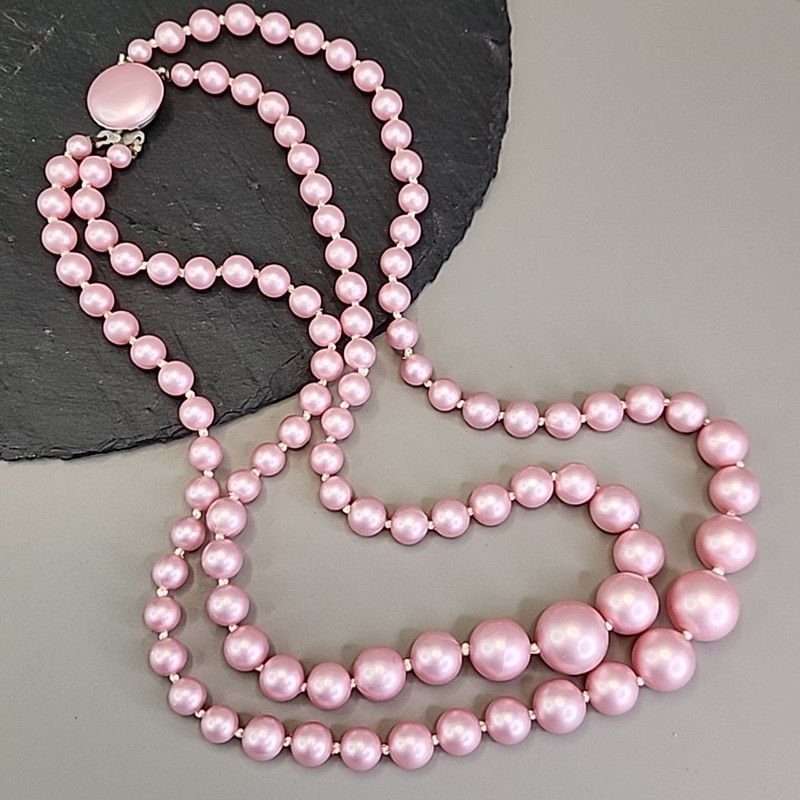 Vintage Pink Beaded Necklace Double Layered Graduated 20″