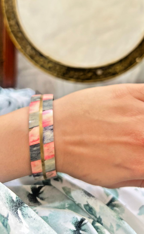 Vintage Brass Mosaic Inlay Bangle Bracelet Pink Gray Stone Boho Ethnic VTG gallery