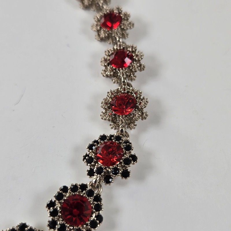 Simulated Red Statement Choker, Rhinestone Silver Tone Necklace gallery