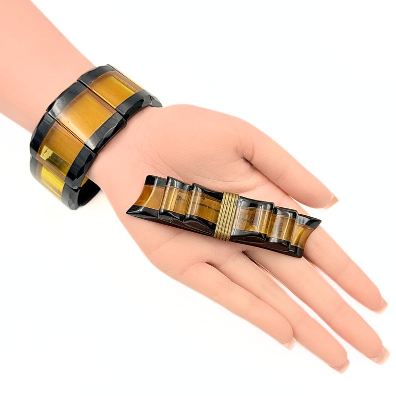 Antique Art Deco Black & Yellow Bakelite Prystal Stretch Bracelet Bow Brooch Set
