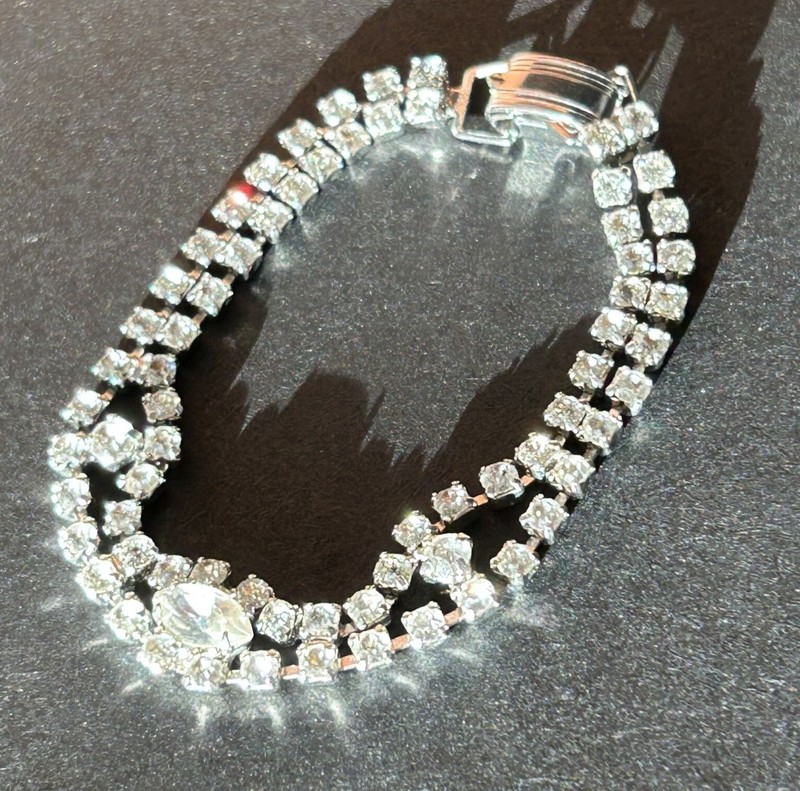 Vintage Rhinestone Double Strand Tennis Bracelet With Fold-Over Snap Clasp