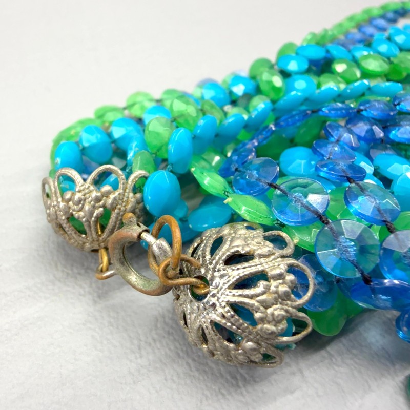 Vintage Plastic Beaded Necklace Blue Green Flapper 50" gallery
