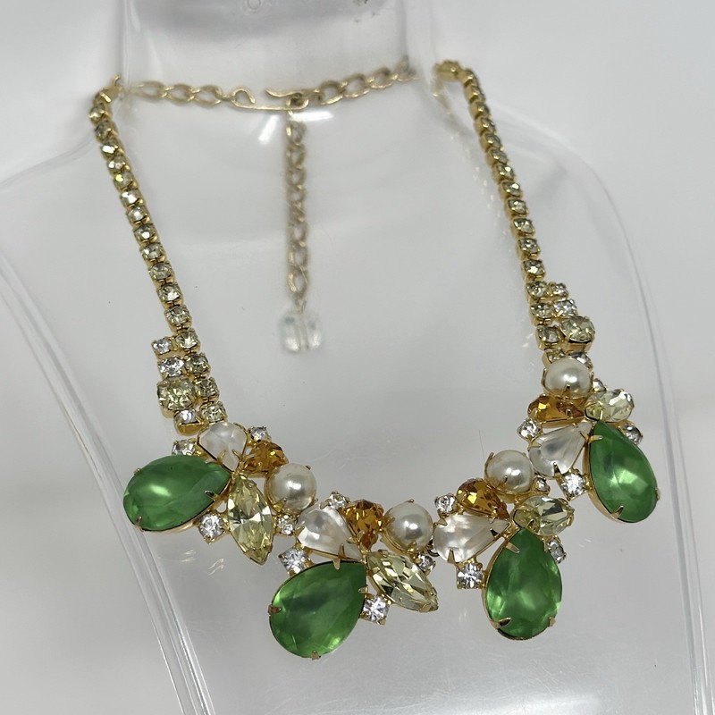 Vintage Czech Crystal Collar Necklace Green Yellow Imitation Pearl Statement 17” gallery