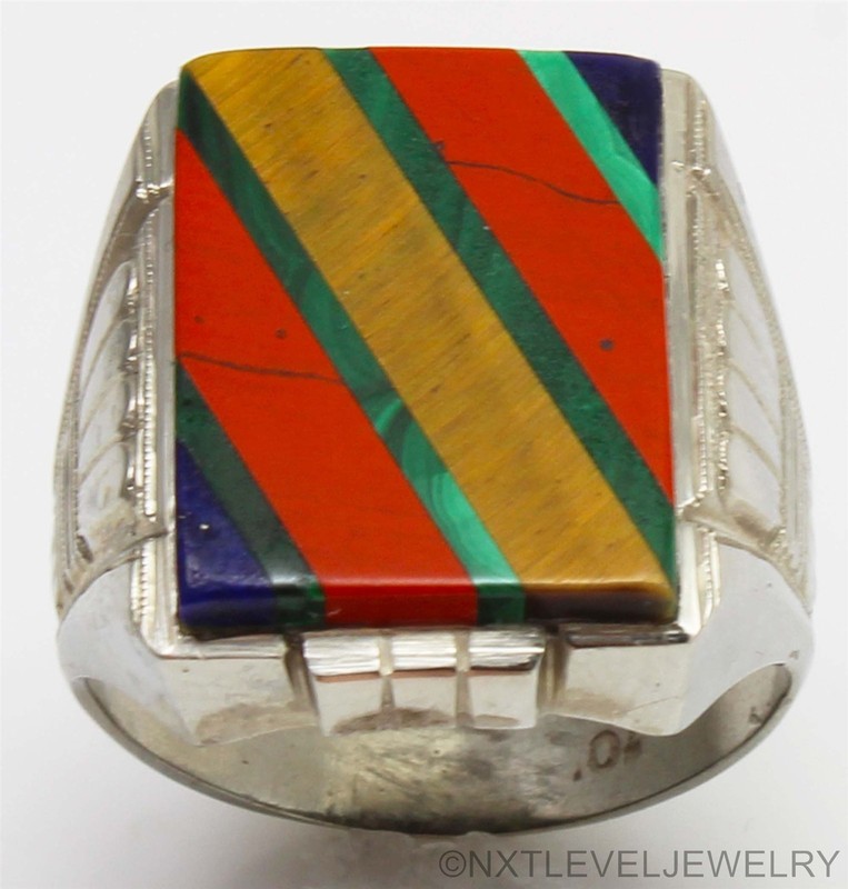 Antique Art Deco Lapis Malachite Multi Gemstone Inlay 10k Solid Gold Men's Ring gallery