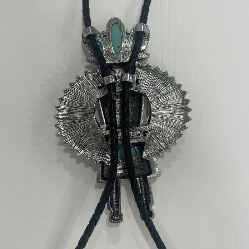 LARGE IRIS APFEL "RARA AVIS" SILVERTONE FAUX TURQUOISE KACHINA BOLO NECKLACE gallery
