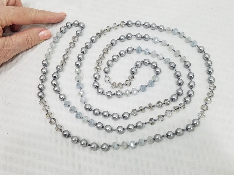 Vintage Gray Pearl and Gray Crystal Hand-knotted Continuous 64″ Long Necklace