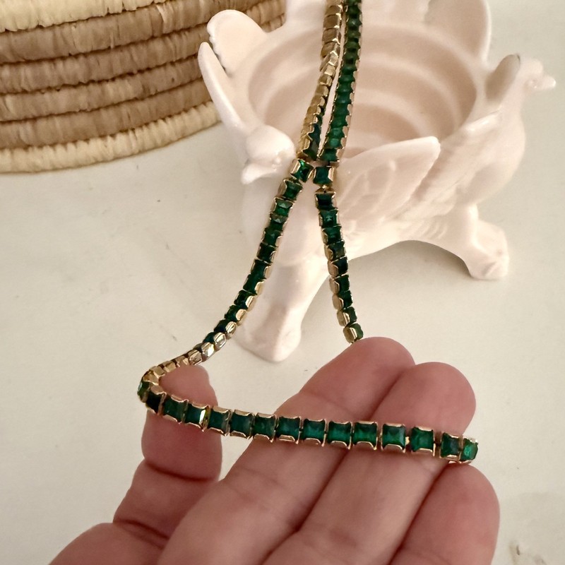 Vintage Art Deco 23” Emerald Green Czech Channel Set Rhinestone Necklace