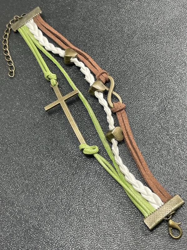 Vintage 7-8” Brass Cross Heart Green Leather Beaded Bracelet
