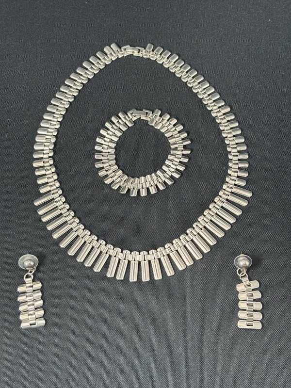 Sterling Silver Modernist Cleopatra Fringe Necklace Bracelet Earrings Set