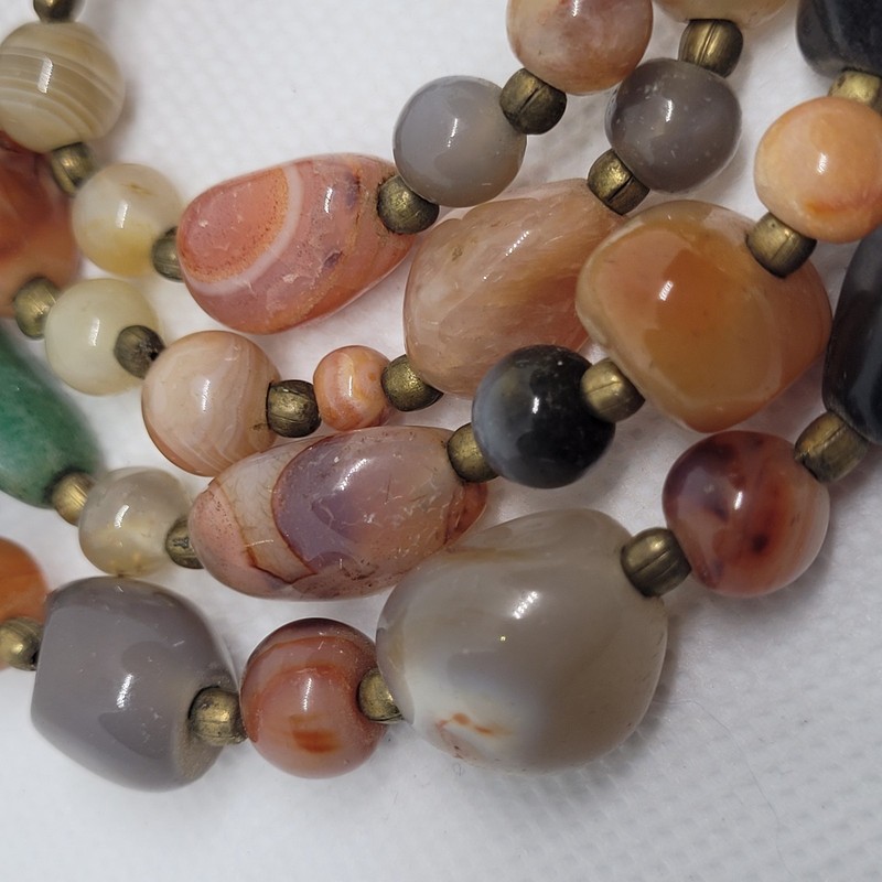 1960s High End 36" Semi-precious Gemstone Tumbled Polished Necklace Brass Barrel gallery