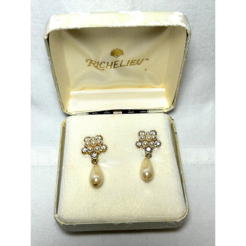 Vintage Richelieu Drop Earrings Original Box Faux Pearl Crystal Mid Century