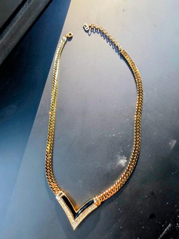 Vintage Christian Dior Gold tone V Rhinestones Black Enamel Chain Necklace