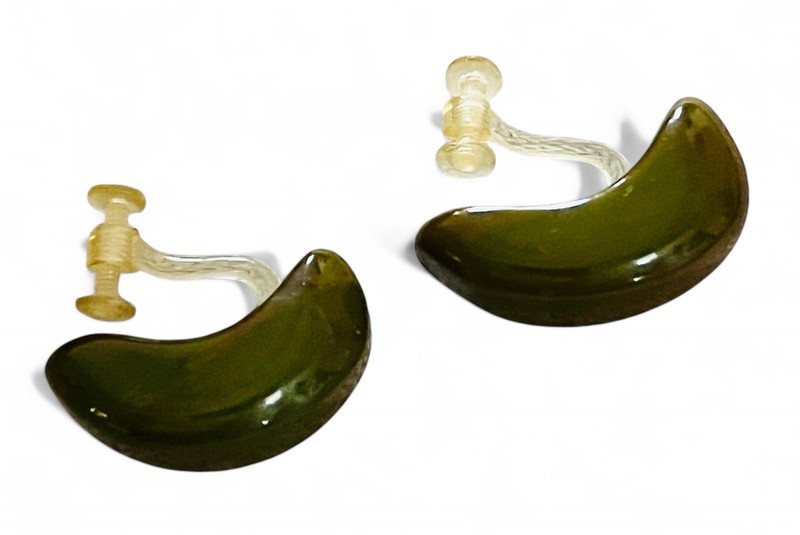 Vintage 1930’s Art Deco WWII Era Spinach Green Bakelite Crescent Earrings