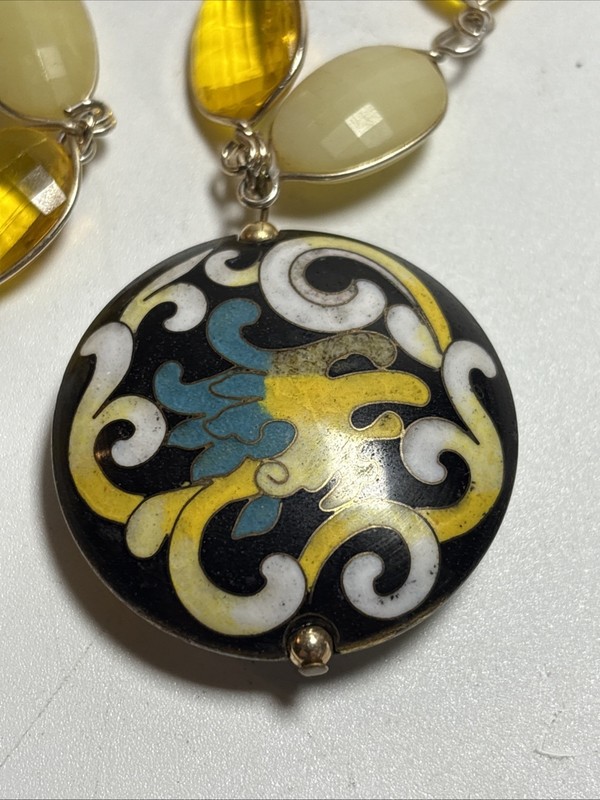 Vintage Cloisonne Pendant With Faux Yellow Plastic Gem Necklace 29" Long gallery