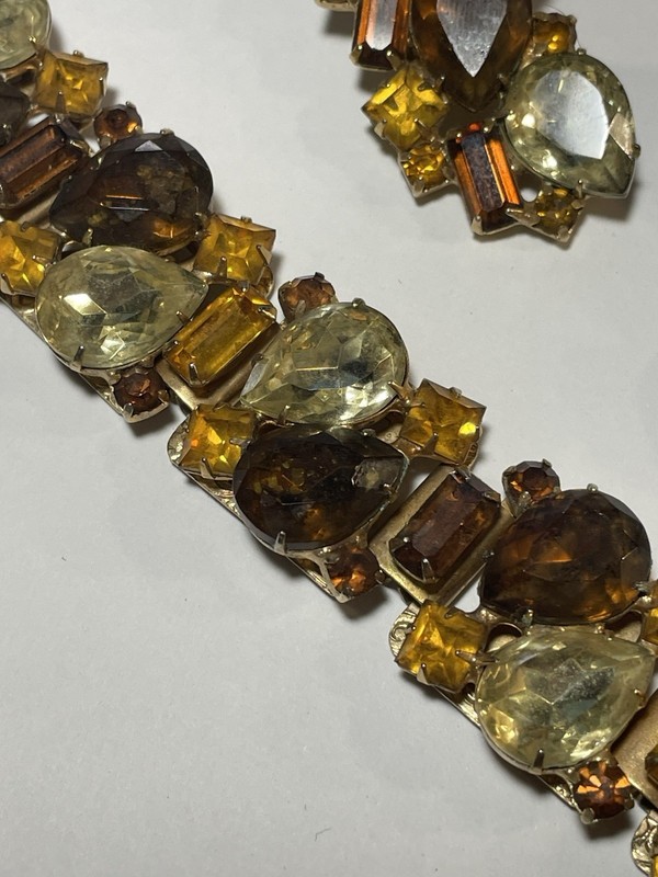 Vintage 1950s Julianna Amber & Brown, Gold Rhinestone Bracelet , Earrings Repare gallery