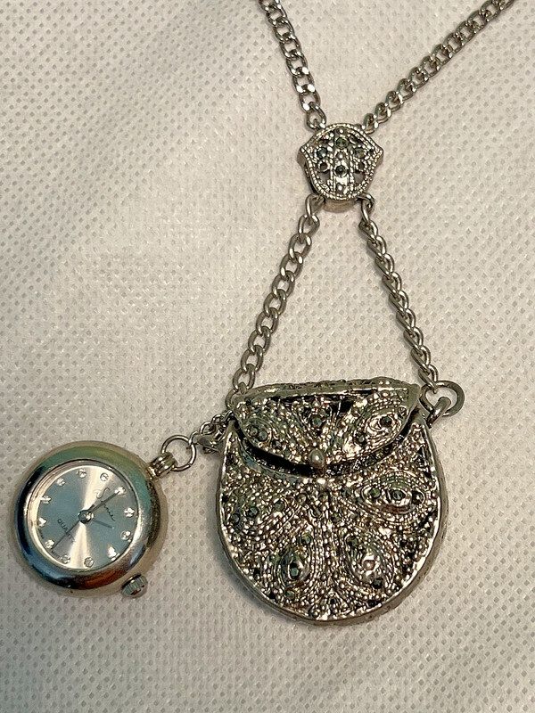 Vintage Marcasite Handbag Watch Necklace 28″ Long Silver Tone Purse Pendant