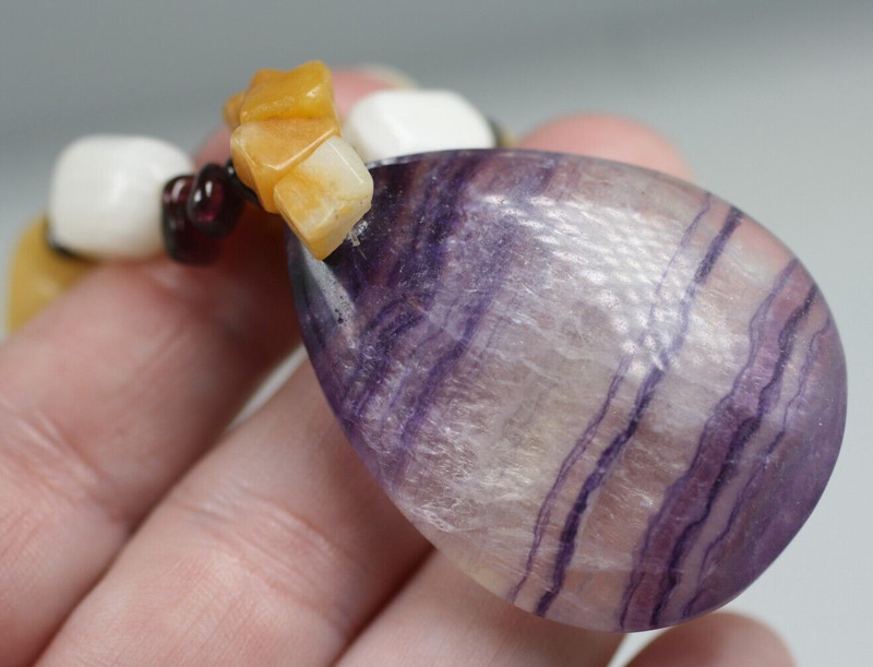 White brown tumble stones bead purple banded gemstone pendant drop necklace 18" gallery