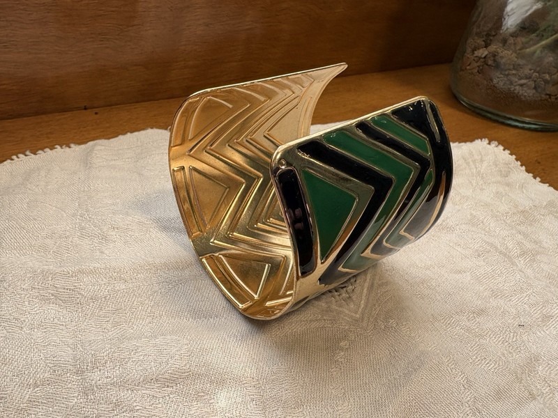 Vintage Gold Toned Navy Blue and Green Enameled Wide Statement Cuff Chevron gallery