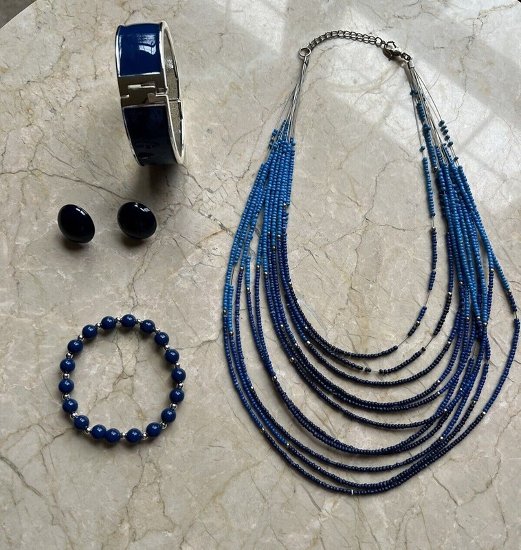 Jewelry (4 pc.) Set-Blues-Multi-Beaded Neck., Cuff & Beaded Bracelet & Earrings