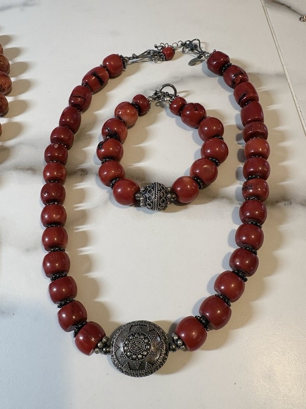 Vintage Red Coral Bead Sterling Silver Necklace 16-18” & 8.5 Bracelet Signed LUZ
