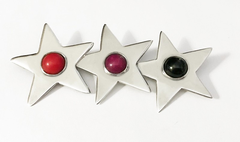 VTG TAXCO .925 Sterling Onyx, Carnelian & Sugilite Stars Pin 2-3/4 in 10 gm EUC