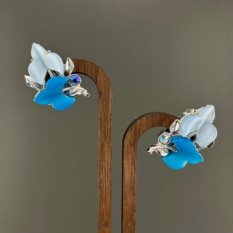 Vintage Blue Thermoset Rhinestone Earrings Flower Leaf Climber Silver Tone AB