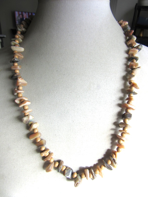 Vintage wood bead and tumbled abalone shell beaded necklace