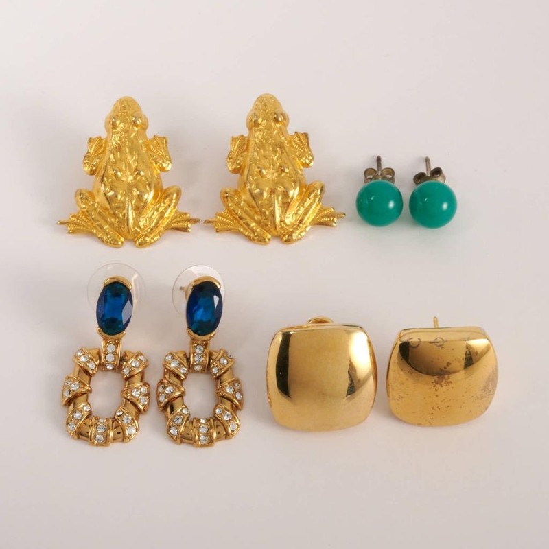 4 Piece Lot Pierced Earrings Green & Goldplate, JBK, Frogs, Itaor Italy, Jade