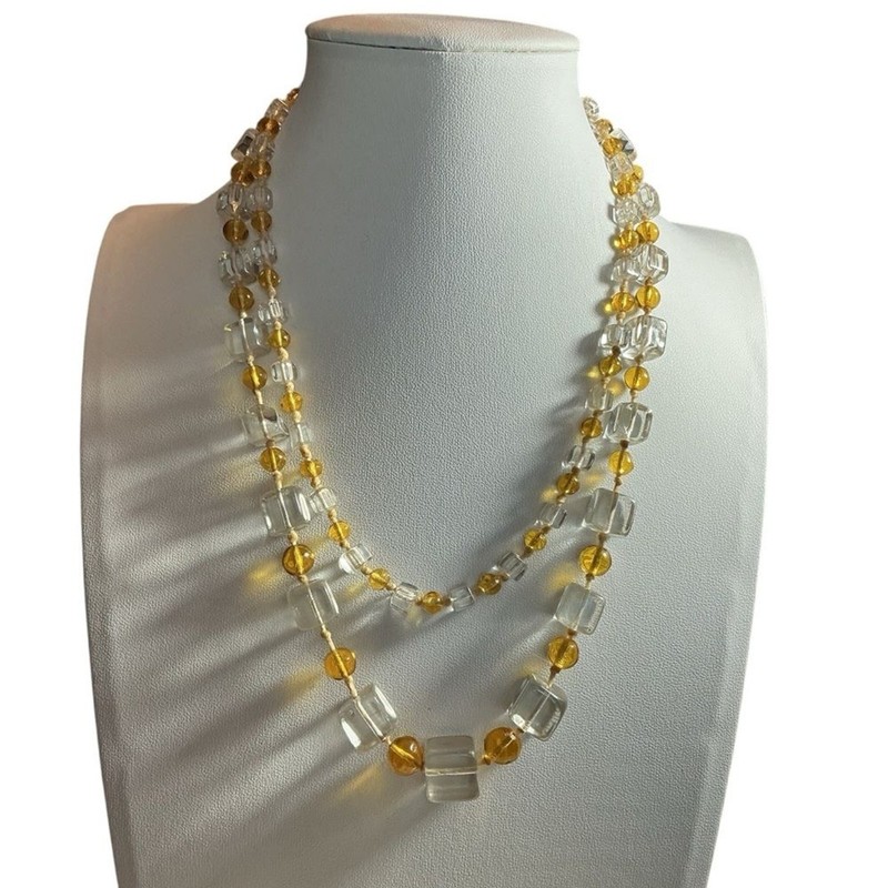 Vintage Czech Glass Necklace Yellow Graduated Cube & Clear Round Bead 36” gallery