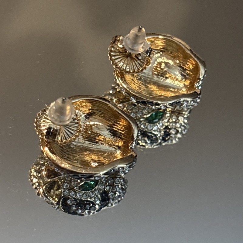 Gold Tone Tiger’s Head Earrings Black & White Rhinestone Green Eyes gallery
