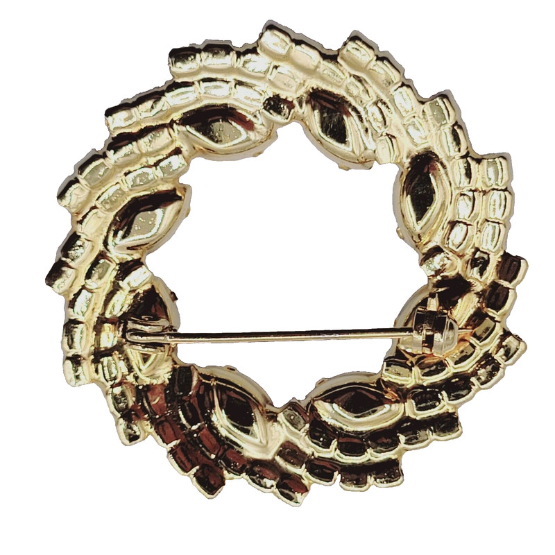 Christmas Wreath with Sparkling Rhinestones Clear Red Green Gold Tone Brooch Pin gallery