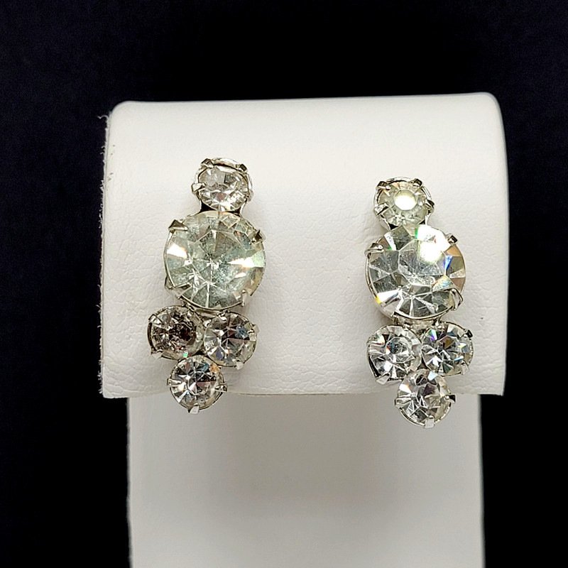 Rhinestone Huggie Silver Tone Art Deco Style Classic Vintage Screwback Earrings gallery