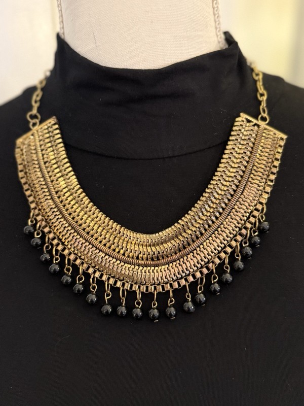 Vintage Bohemian Egyptian Revival Statement Necklace Brass Tone Bib Statement gallery
