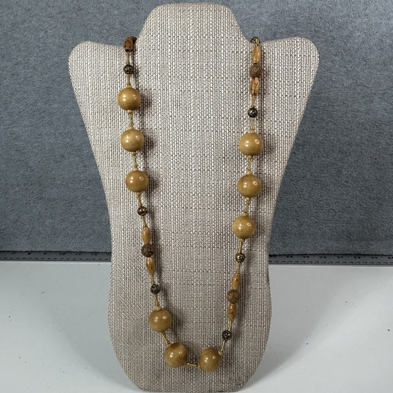 Set of 2 Vintage Chunky Wooden Bead Statement Necklace 24" 30" Boho Cream Brown gallery