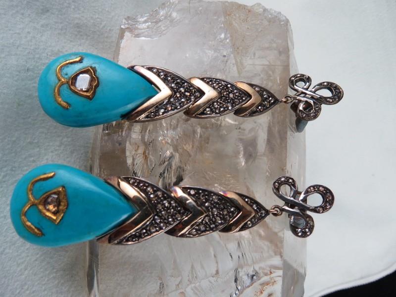 Certified Natural Diamond Turquoise 18k Gold 925 Sterling Silver Earrings 10ct gallery